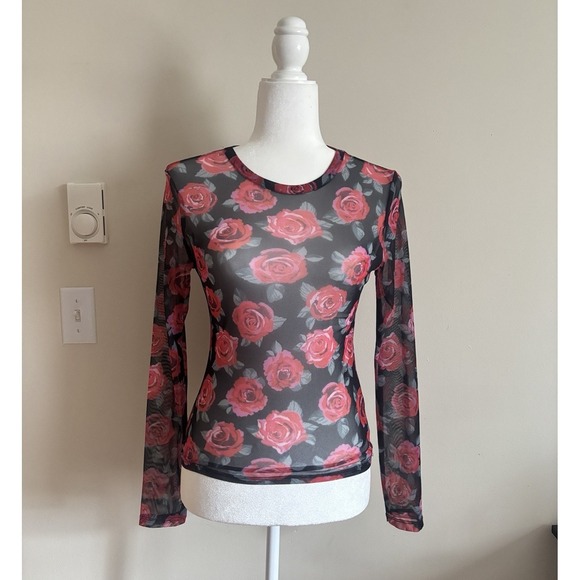 H&M Divided Tops - H‎ M Divided Top Sheer Stretch Black Red Rose Punk Goth Y2K Small Whimsical